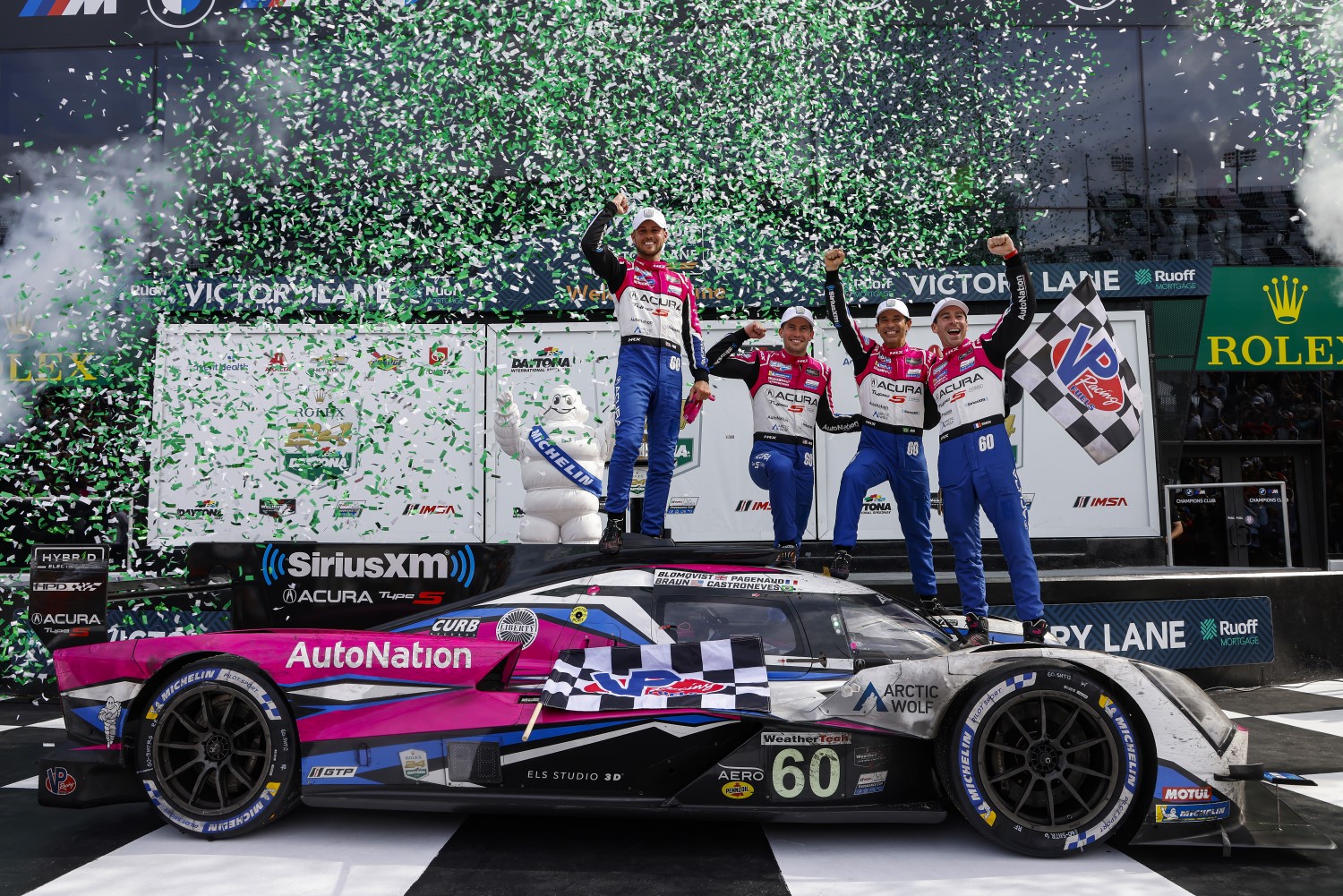 #60: Meyer Shank Racing W/Curb-Agajanian, Acura ARX-06, GTP: Colin Braun, Tom Blomqvist, Helio Castroneves, Simon Pagenaud, Race Winners, Celebrate