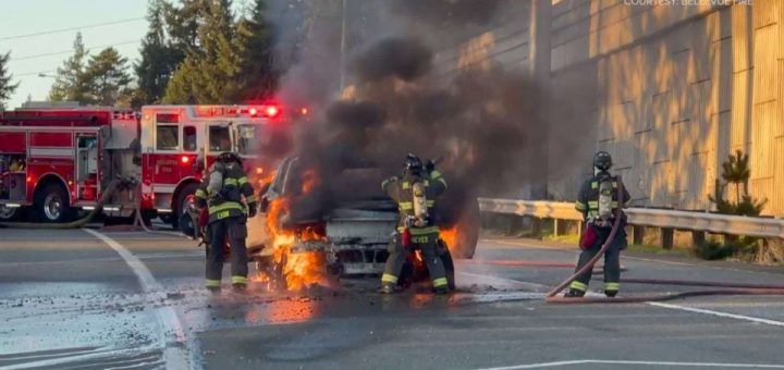 GMC Hummer Electric Vehicle burns to a crisp in Seattle. Photo courtesy of King 5 Seattle, Bellevue Fire Department