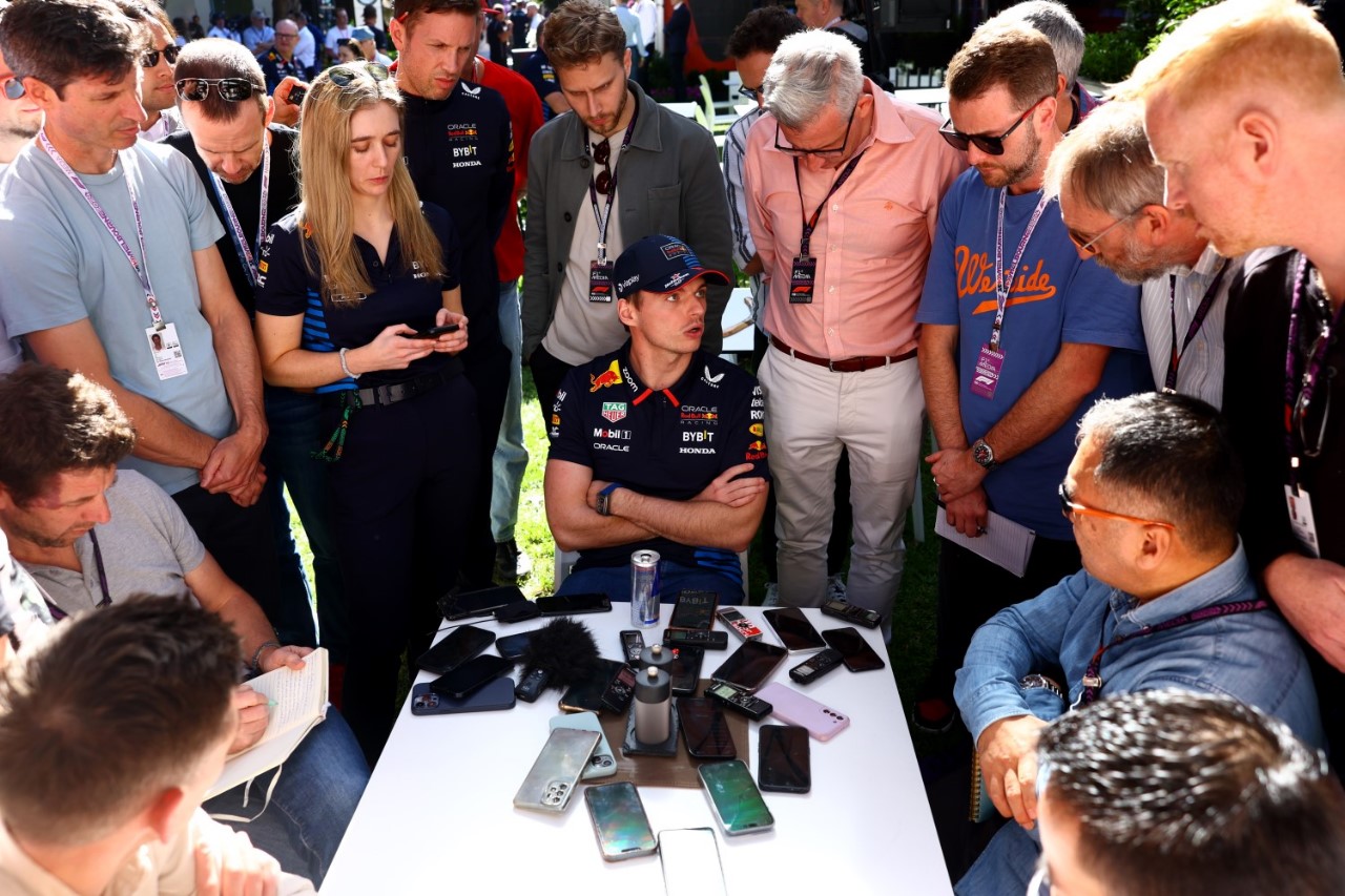 Max Verstappen of the Netherlands and Oracle Red Bull Racing talks to the media in the Paddock during previews ahead of the F1 Grand Prix of Australia at Albert Park Circuit on March 21, 2024 in Melbourne, Australia. (Photo by Mark Thompson/Getty Images) // Getty Images / Red Bull Content Pool