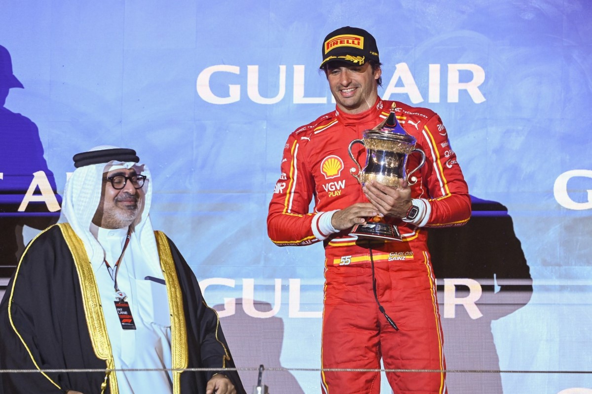 Carlos Sainz Jr., Scuderia Ferrari, 3rd position, receives his trophy during the Bahrain GP at Bahrain International Circuit on Saturday March 02, 2024 in Sakhir, Bahrain. (Photo by Mark Sutton / LAT Images for Pirelli)
