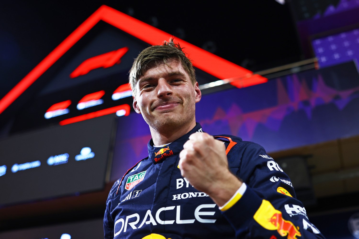 Pole position qualifier Max Verstappen of the Netherlands and Oracle Red Bull Racing celebrates in parc ferme during qualifying ahead of the F1 Grand Prix of Bahrain at Bahrain International Circuit on March 01, 2024 in Bahrain, Bahrain. (Photo by Mark Thompson/Getty Images) // Getty Images / Red Bull Content Pool