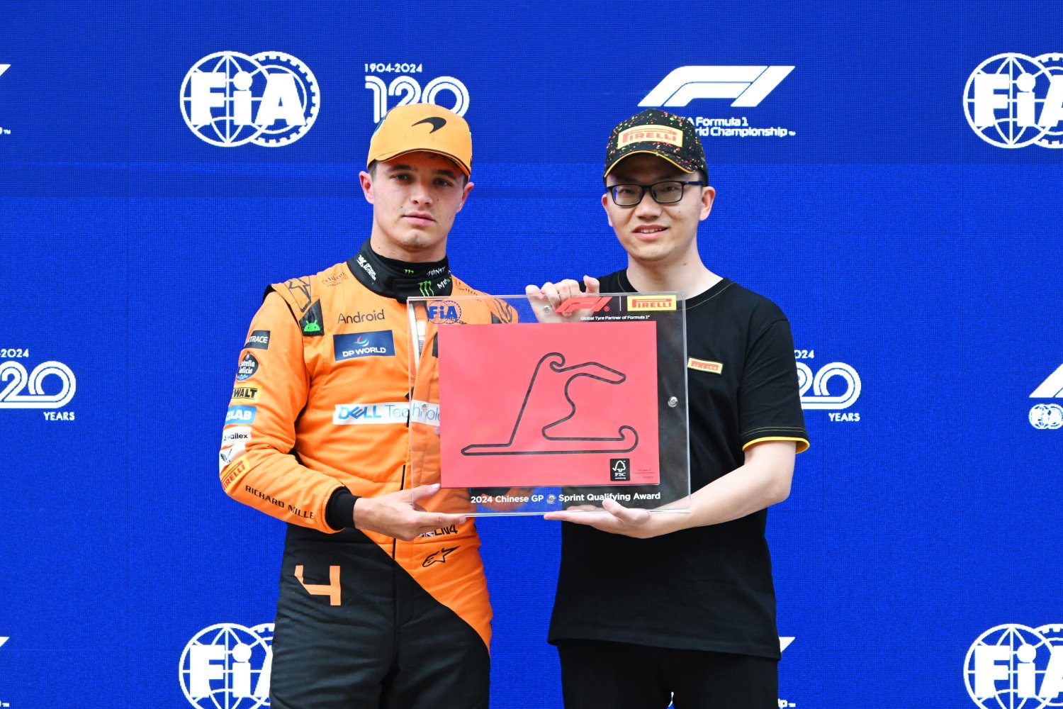 Lando Norris, McLaren F1 Team, receives his Pirelli Sprint Qualifying Award during the Chinese GP at Shanghai International Circuit on Friday April 19, 2024 in Shanghai, China. (Photo by Mark Sutton / LAT Images for Pirelli)