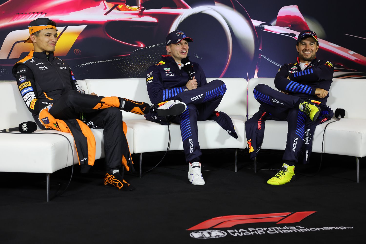 Race winner Max Verstappen of the Netherlands and Oracle Red Bull Racing, Second placed Lando Norris of Great Britain and McLaren and Third placed Sergio Perez of Mexico and Oracle Red Bull Racing attend the press conference after the F1 Grand Prix of China at Shanghai International Circuit on April 21, 2024 in Shanghai, China. (Photo by Lintao Zhang/Getty Images ) // Getty Images / Red Bull Content Pool