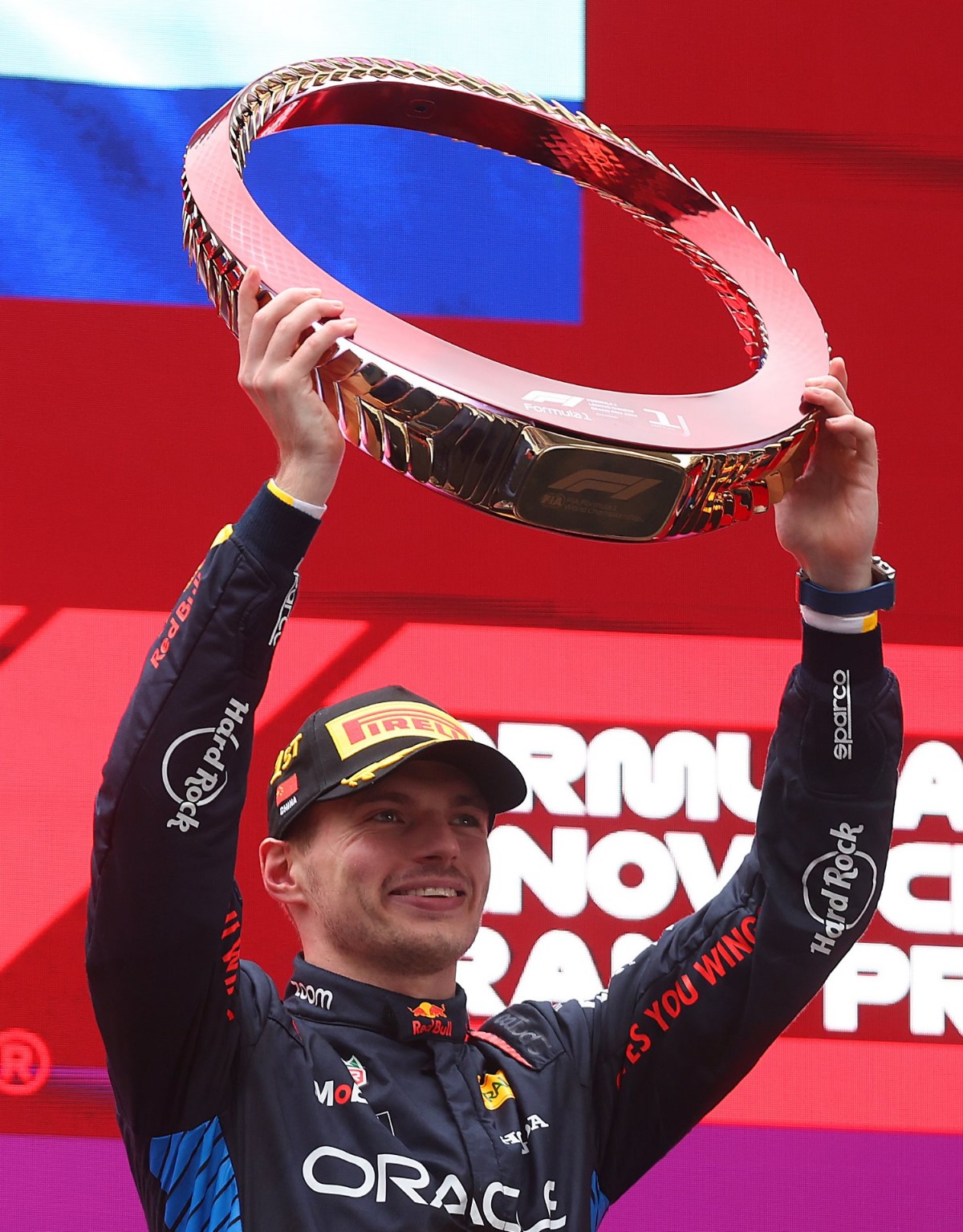 Race winner Max Verstappen of the Netherlands and Oracle Red Bull Racing celebrates on the podium during the F1 Grand Prix of China at Shanghai International Circuit on April 21, 2024 in Shanghai, China. (Photo by Lars Baron/Getty Images) // Getty Images / Red Bull Content Pool