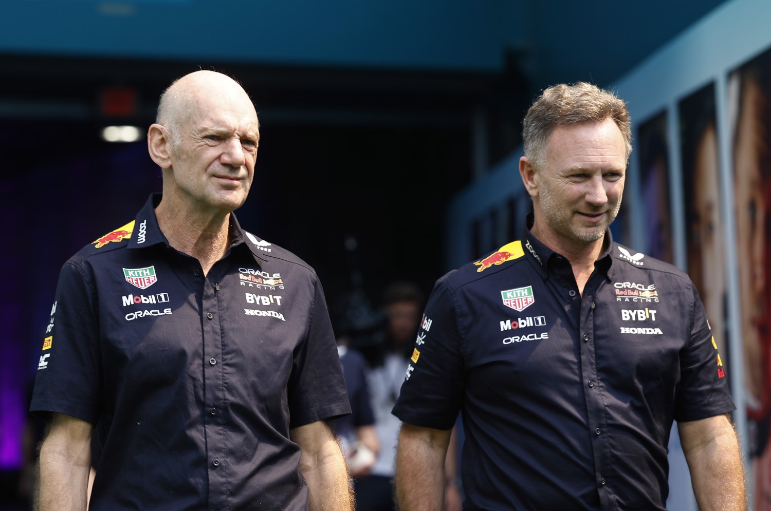Adrian Newey, the Chief Technical Officer of Oracle Red Bull Racing and Oracle Red Bull Racing Team Principal Christian Horner walk in the Paddock prior to practice ahead of the F1 Grand Prix of Miami at Miami International Autodrome on May 03, 2024 in Miami, Florida. (Photo by Chris Graythen/Getty Images) // Getty Images / Red Bull Content Pool