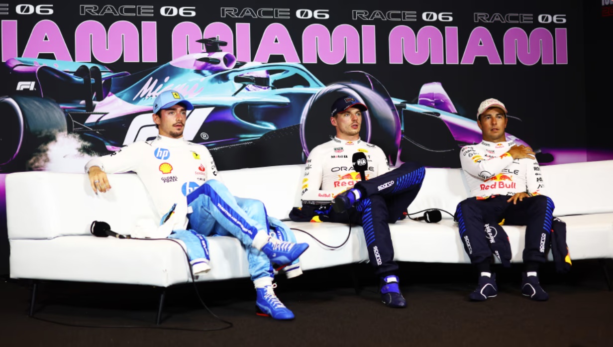 From left, Charles Leclerc, Max Verstappen and Sergio Perez