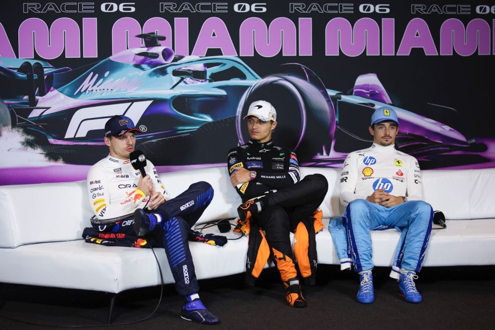 (L to R:) 2nd place Max Verstappen, 1st Place Lando Norris and 3rd Place Charles Lelcerc in the post-race press conference after the F1 Grand Prix of Miami at Miami International Autodrome on May 05, 2024 in Miami, Florida