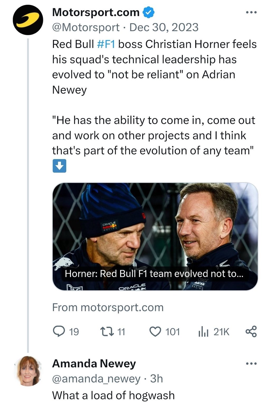 Amanda Newey Defends Adrian Newey