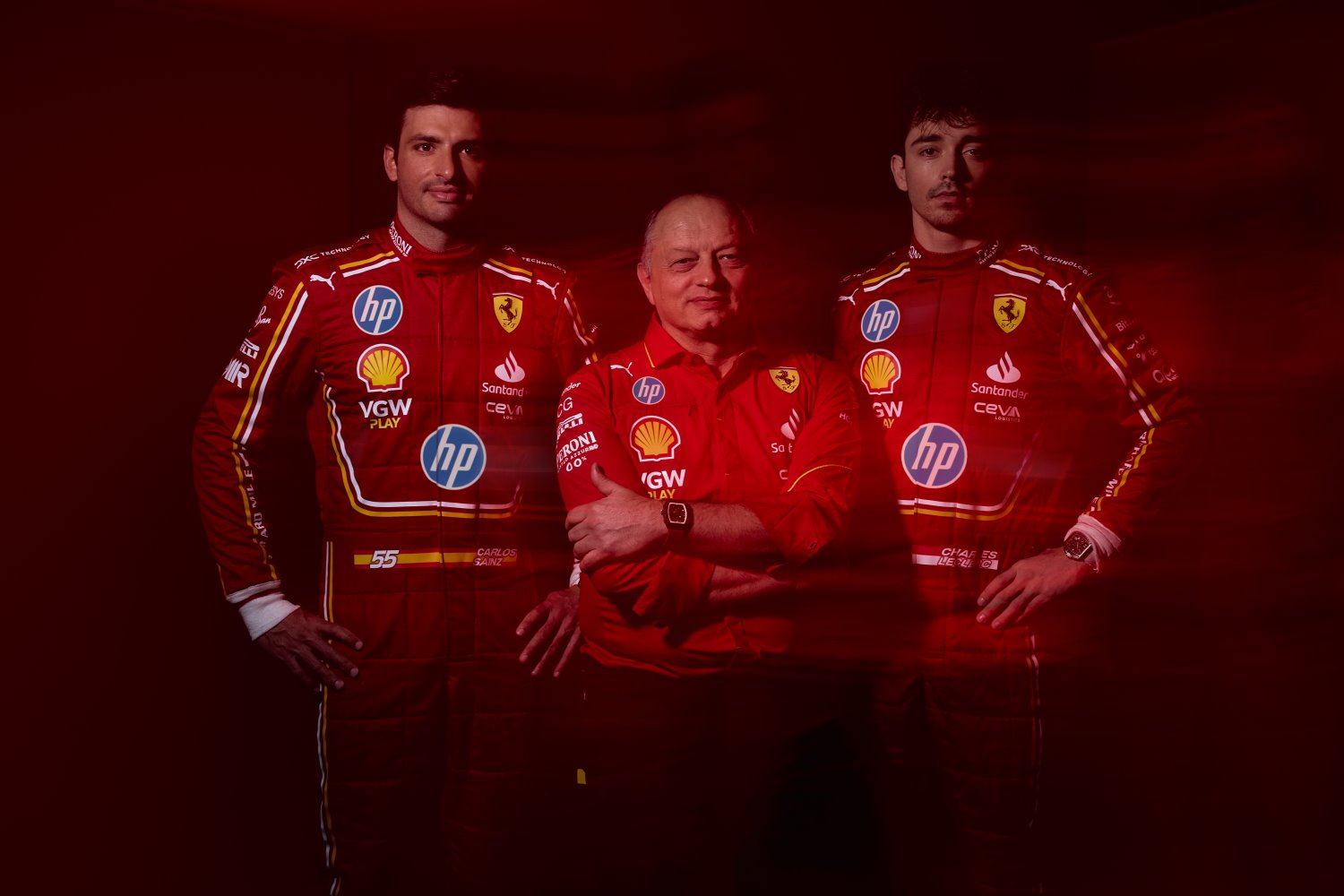 Carlos Sainz Jr., Fred Vasseur, and Charles Leclerc