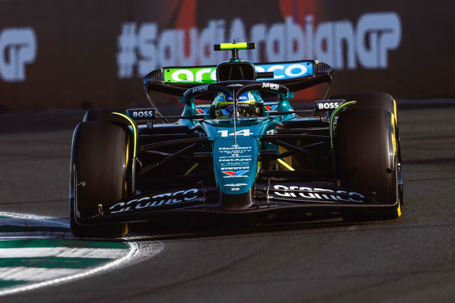 Fernando Alonso, Aston Martin AMR24 during the Saudi Arabian GP at Jeddah Street Circuit on Friday March 08, 2024 in Jeddah, Saudi Arabia. (Photo by Zak Mauger / LAT Images for Pirelli)