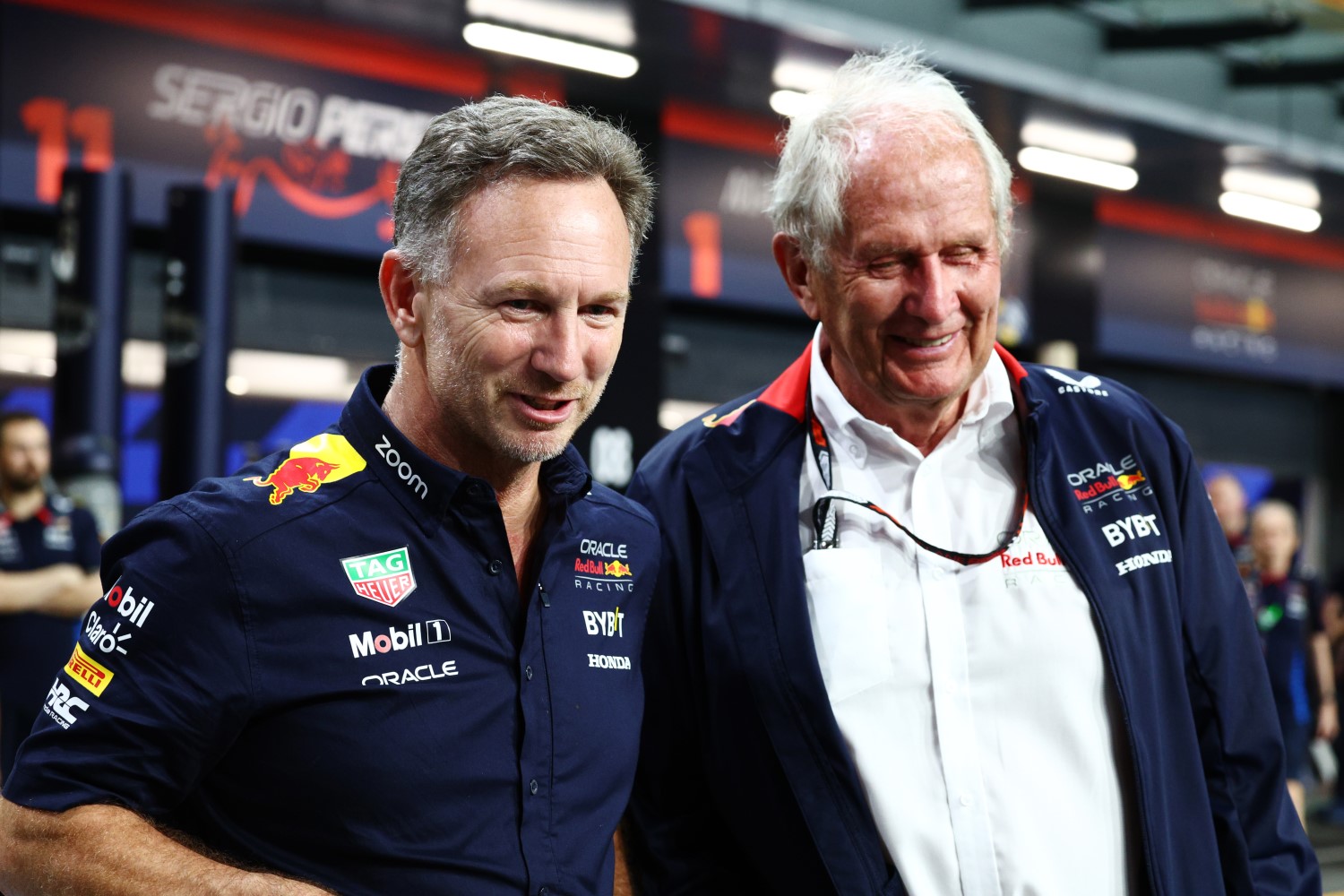 Oracle Red Bull Racing Team Principal Christian Horner and Oracle Red Bull Racing Team Consultant Dr Helmut Marko look on in parc ferme during the F1 Grand Prix of Saudi Arabia at Jeddah Corniche Circuit on March 09, 2024 in Jeddah, Saudi Arabia. (Photo by Clive Rose/Getty Images) // Getty Images / Red Bull Content Pool
