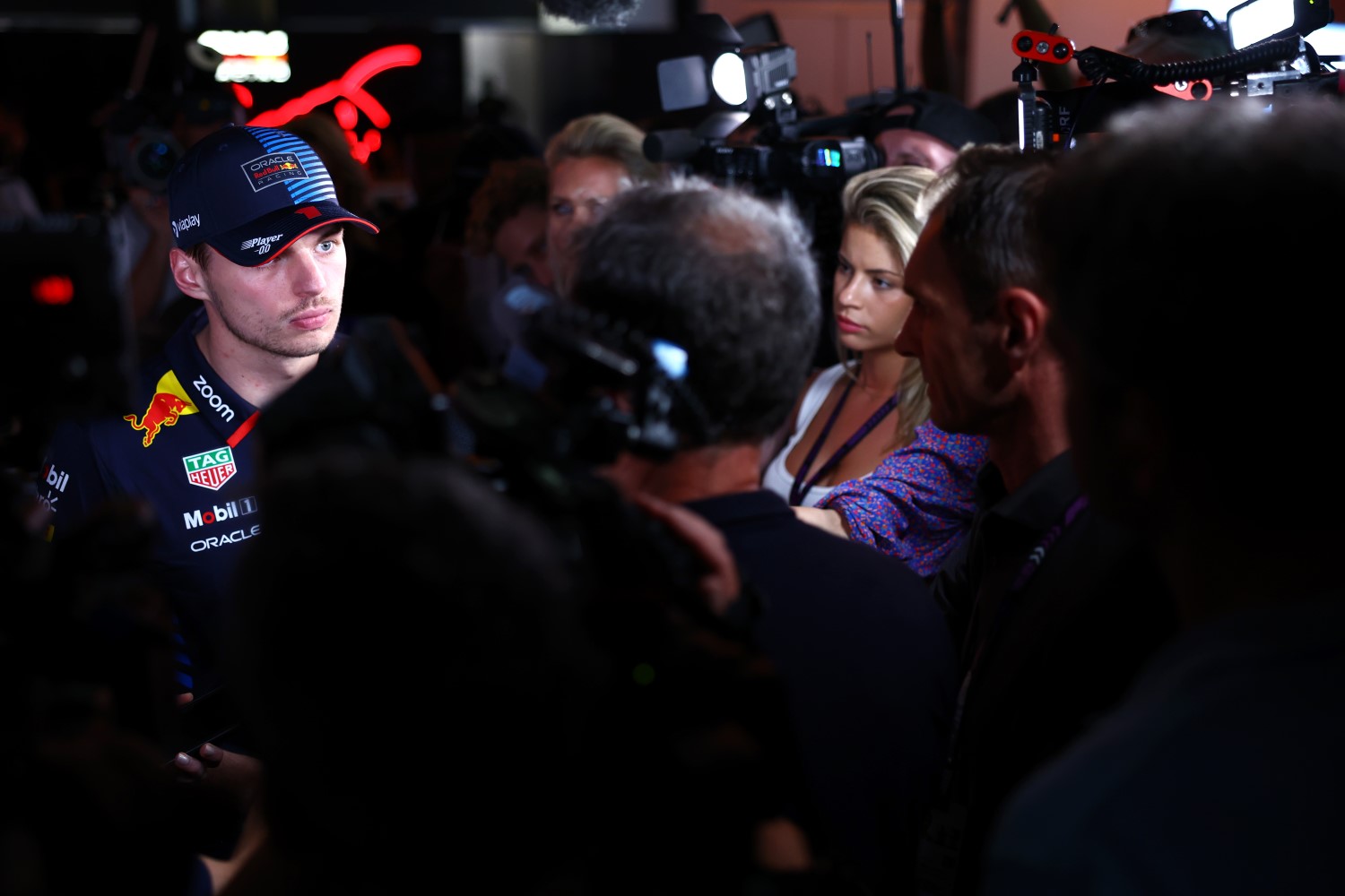 Max Verstappen of the Netherlands and Oracle Red Bull Racing talks to the media in the Paddock during previews ahead of the F1 Grand Prix of Saudi Arabia at Jeddah Corniche Circuit on March 06, 2024 in Jeddah, Saudi Arabia. (Photo by Mark Thompson/Getty Images) // Getty Images / Red Bull Content Pool
