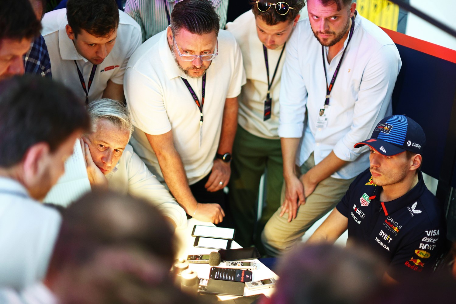 Max Verstappen of the Netherlands and Oracle Red Bull Racing talks to the media in the Paddock during previews ahead of the F1 Grand Prix of Saudi Arabia at Jeddah Corniche Circuit on March 06, 2024 in Jeddah, Saudi Arabia. (Photo by Clive Rose/Getty Images) // Getty Images / Red Bull Content Pool