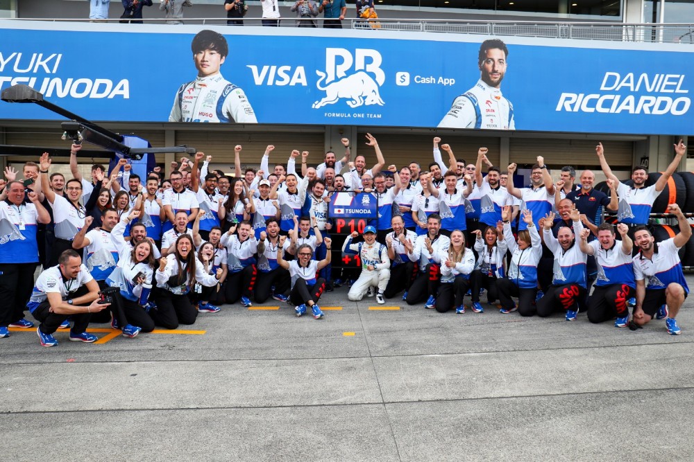 Yuki Tsunoda of Scuderia Visa Cash App RB celebrates finishing in 10th position with the team during the F1 Grand Prix of Japan at Suzuka International Racing Course on April 07, 2024 in Suzuka, Japan. (Photo by Peter Fox/Getty Images) (Photo by Peter Fox/Getty Images) // Getty Images / Red Bull Content Pool