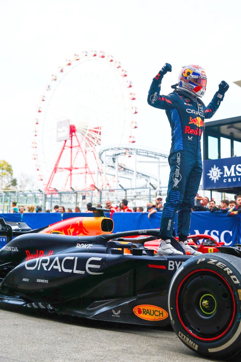 Race winner Max Verstappen of the Netherlands and Oracle Red Bull Racing celebrates in parc ferme during the F1 Grand Prix of Japan at Suzuka International Racing Course on April 07, 2024 in Suzuka, Japan. (Photo by Mark Thompson/Getty Images) // Getty Images / Red Bull Content Pool
