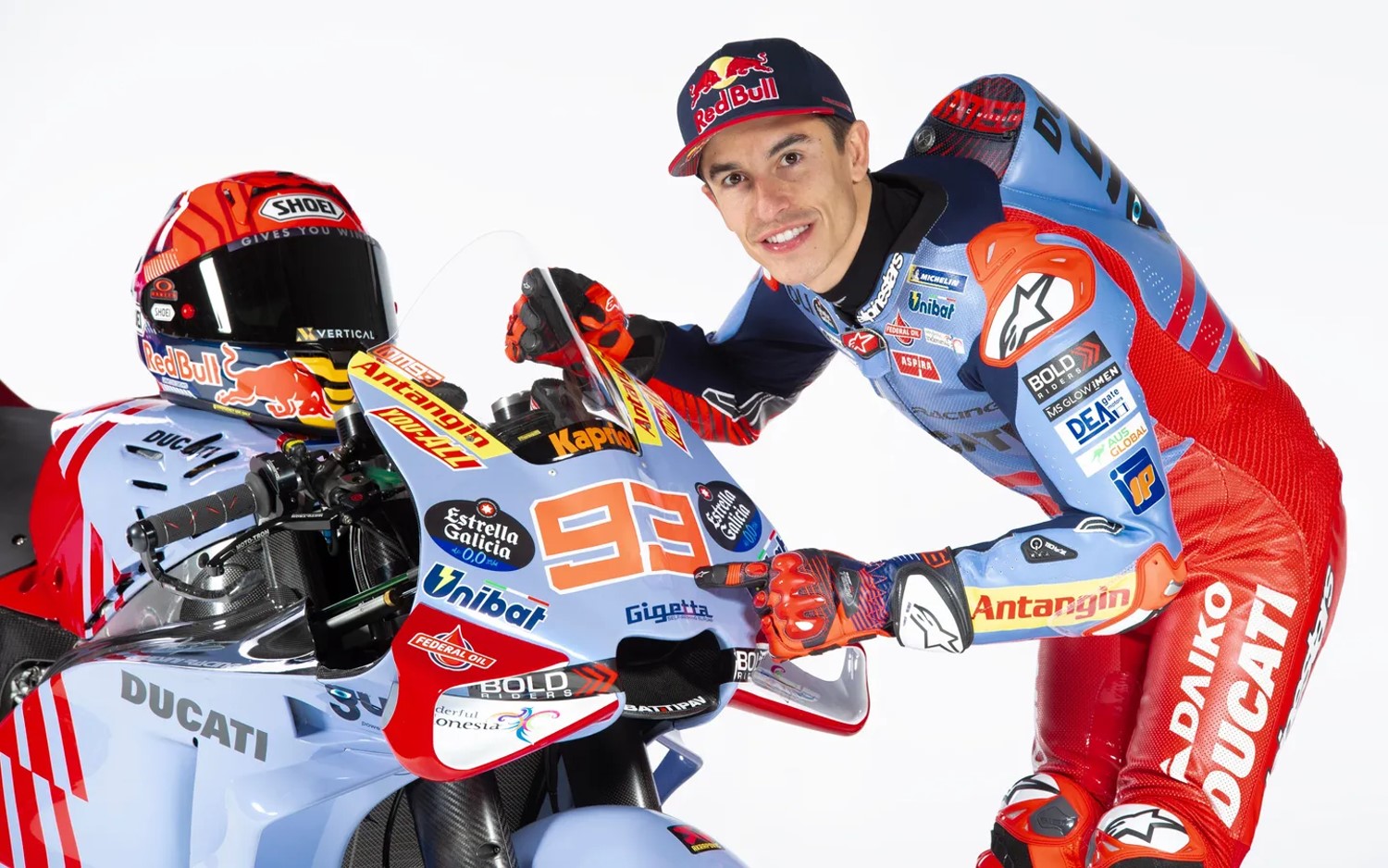 Marc Marquez poses with his Gresini Ducati Desmosedici with #93 on the fairing. Image: Supplied by Gresini Racing
