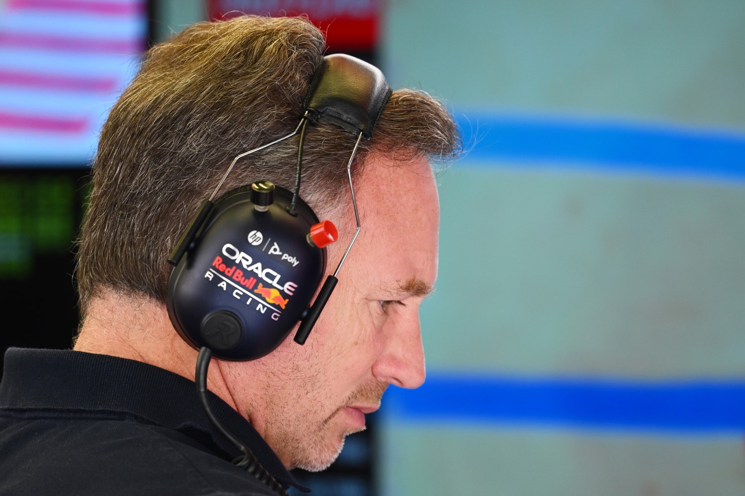 Oracle Red Bull Racing Team Principal Christian Horner looks on in the garage during day three of F1 Testing at Bahrain International Circuit on February 23, 2024 in Bahrain, Bahrain. (Photo by Clive Mason/Getty Images) // Getty Images / Red Bull Content Pool