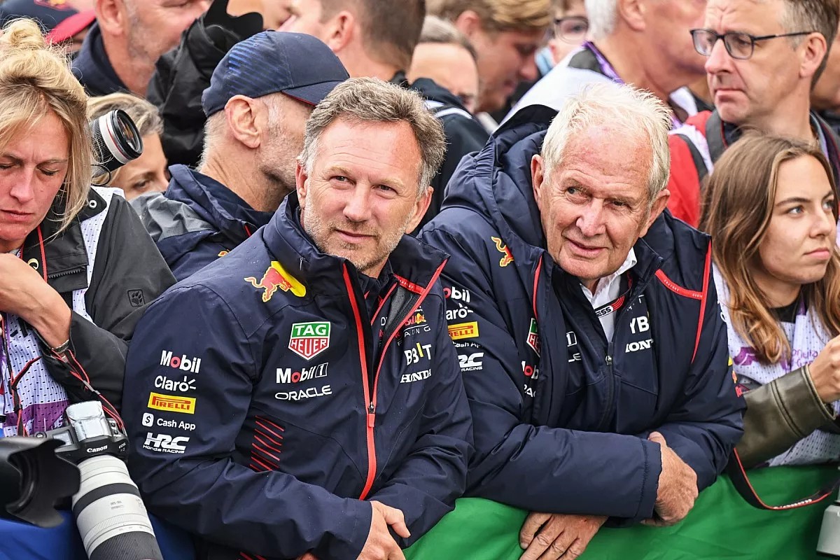 Christian Horner and Dr. Helmut Marko watch Max Verstappen celebrates another win in 2023. Photo Red Bull Supplied.