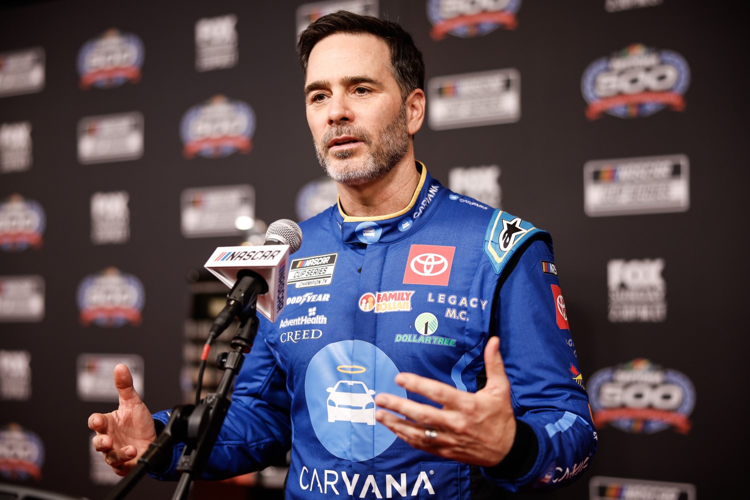 Jimmie Johnson speaks to the Media during the NASCAR Cup Series 66th Annual Daytona 500 Media Day at Daytona International Speedway on February 14, 2024 in Daytona Beach, Florida. (Photo by James Gilbert/Getty Images)