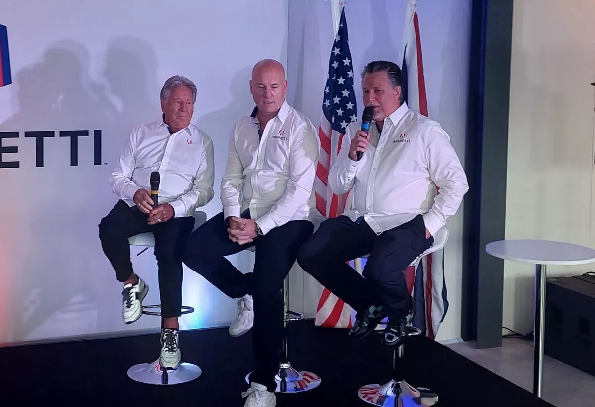 (L to R) Mario Andretti, Dan Towress and Michael Andretti talk to the media at the recent opening of their Silverstone, England facility. Photo courtesy of Andretti Global