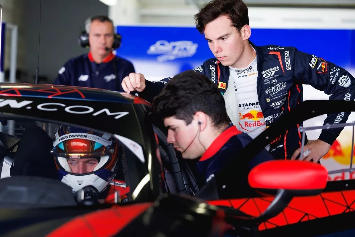 Max Verstappen in cockpit prepares to test Thierry Vermeulen's DTM car