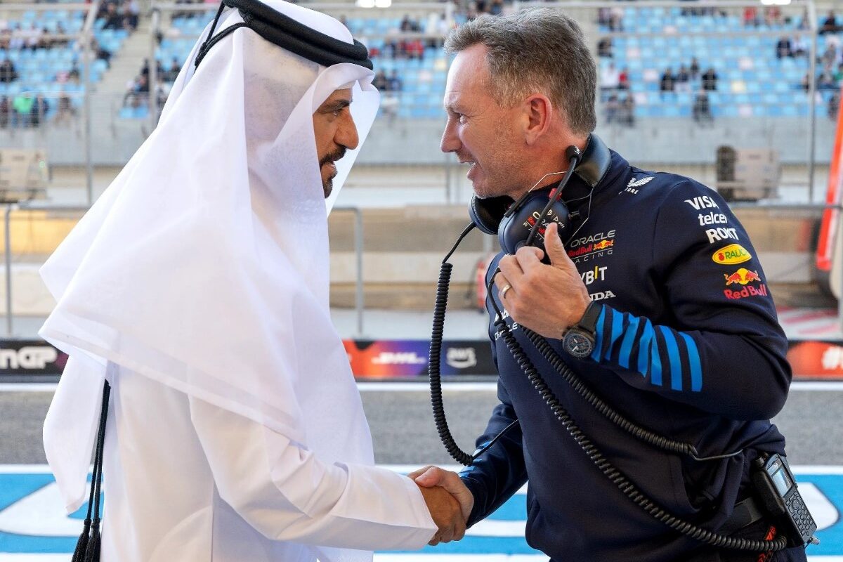 FIA President Mohammed Ben Sulayem and Red Bull F1 Team Boss Christian Horner shake hands at 2024 Bahrain GP