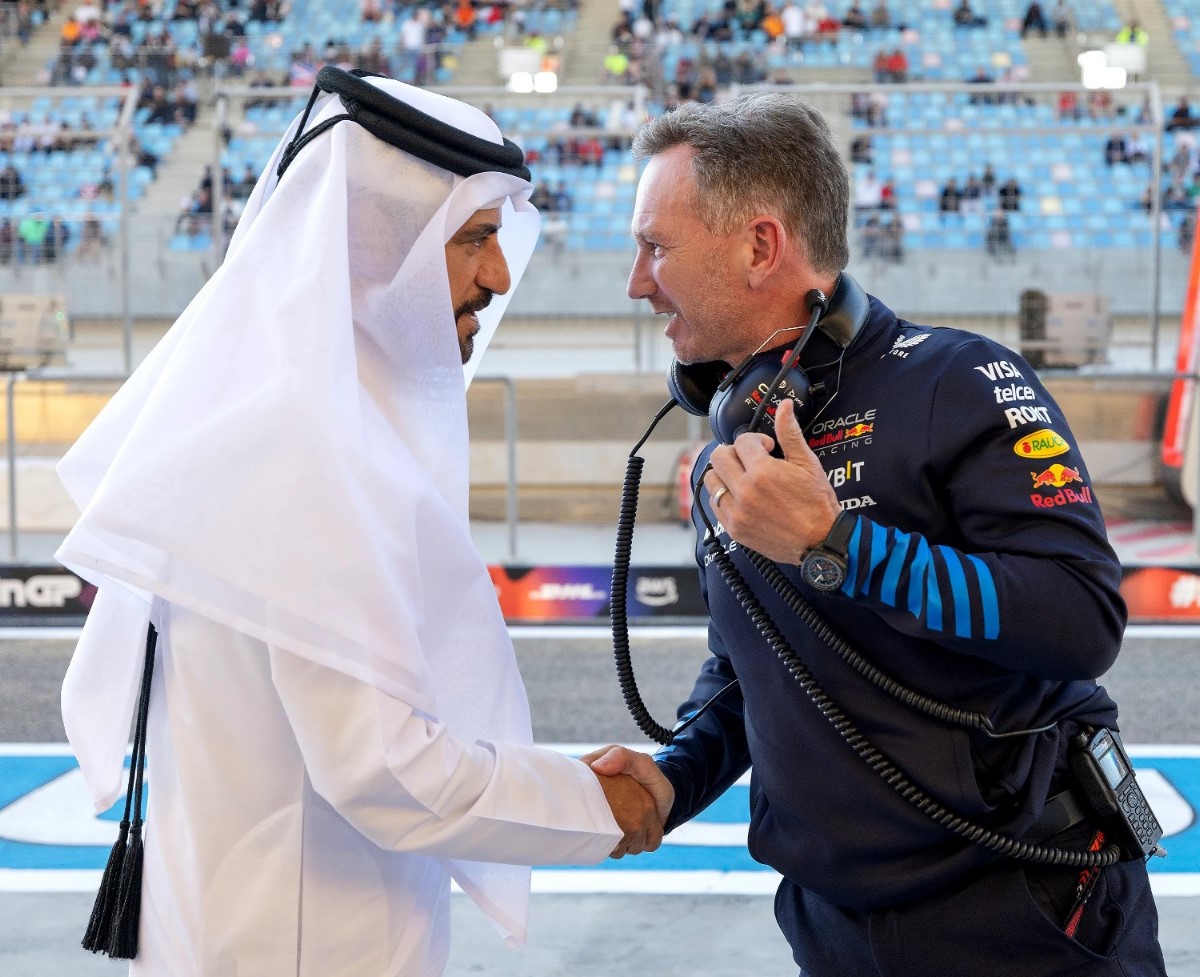 FIA President Mohammed Ben Sulayem and Red Bull F1 Team Boss Christian Horner shake hands at 2024 Bahrain GP