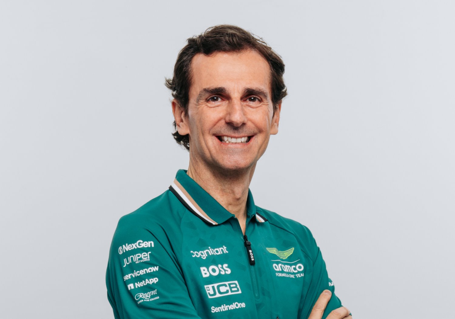 Imagery of Pedro de la Rosa from the 2024 pre-season Aston Martin photoshoot.