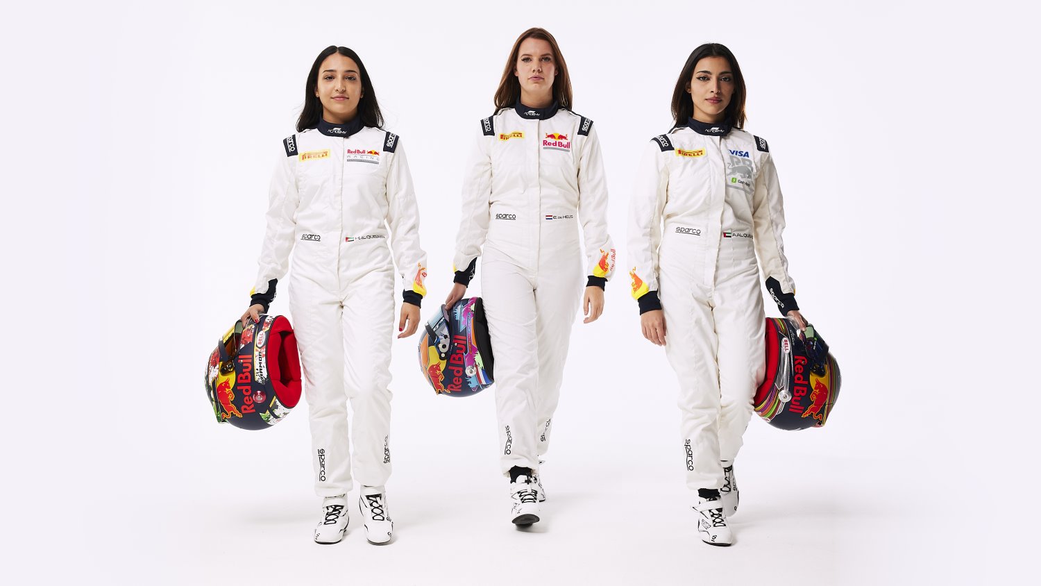 Red Bull Academy Programme drivers seen at the brand shooting at Milton Keynes, 2024 Hamda Al Qubaisi , Emely De Heus, Amna Al Qubaisi // Sam Todd / Red Bull Contentpool