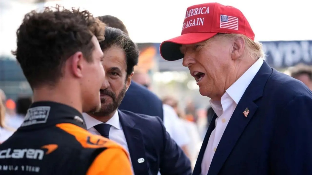 Race Winner Lando Norris talks to FIA President Muhammad Ben Sulayem amd former USA President Donald Trump after the 2024 Miami GP on May 5, 2024