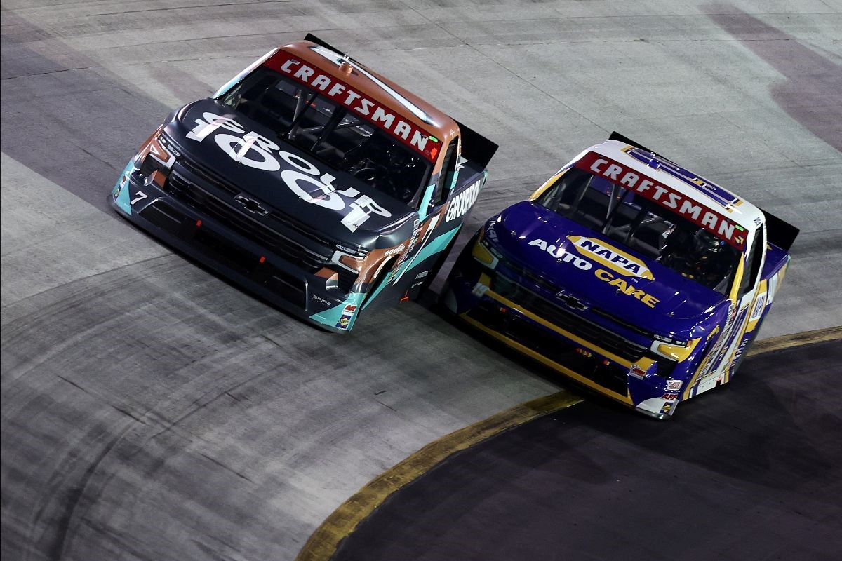 Christian Eckes (19) battled against his former boss Kyle Busch (7) for the victory Saturday night in the WEATHER GUARD Truck Race at Bristol Motor Speedway.