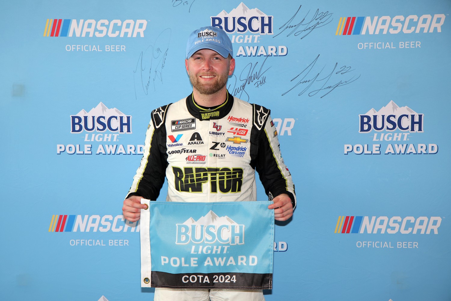 William Byron, driver of the #24 RaptorTough.com Chevrolet, poses for photos after winning the pole award during qualifying for the NASCAR Cup Series EchoPark Automotive Grand Prix at Circuit of The Americas on March 23, 2024 in Austin, Texas. (Photo by Jonathan Bachman/Getty Images)