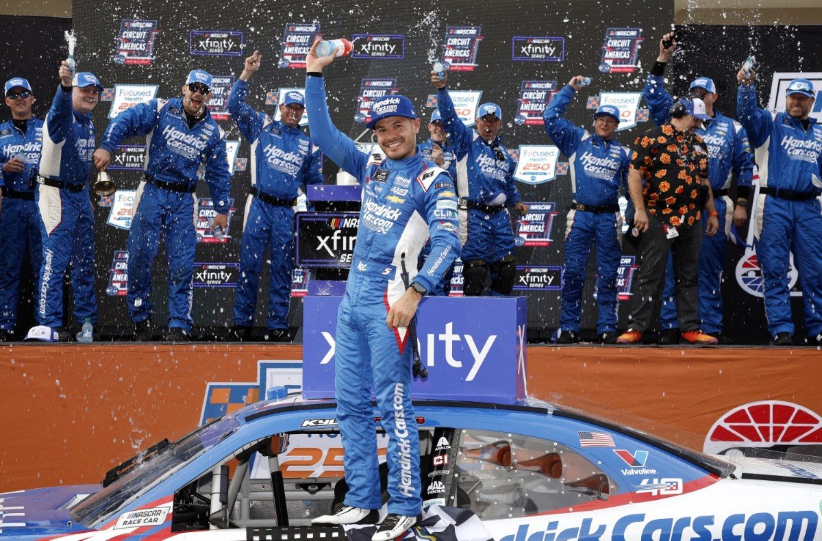 Kyle Larson, driver of the #17 HendrickCars.com Chevrolet, celebrates in victory lane after winning the NASCAR Xfinity Series Focused Health 250 at Circuit of The Americas on March 23, 2024 in Austin, Texas. (Photo by Sean Gardner/Getty Images)