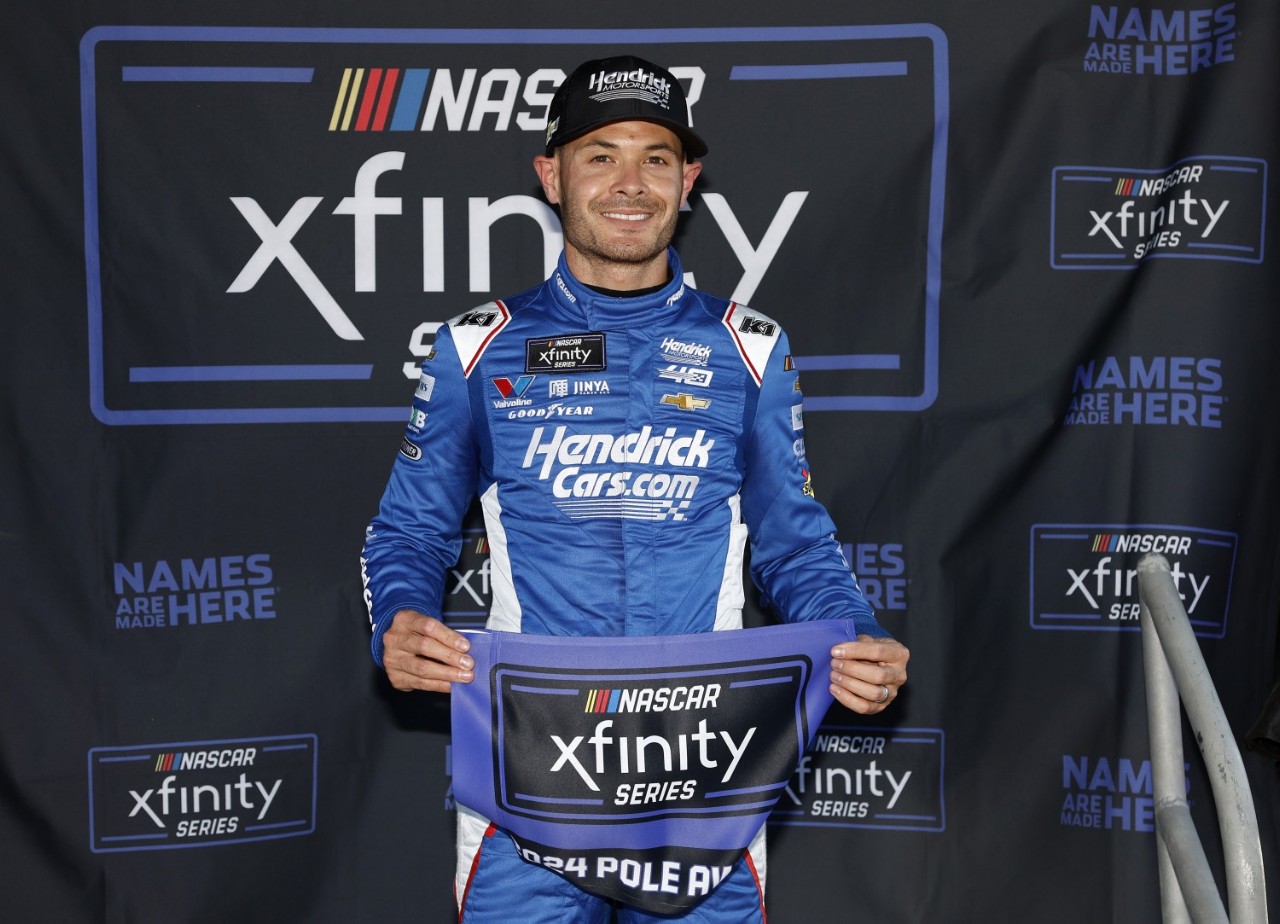 Kyle Larson, driver of the #17 HendrickCars.com Chevrolet, poses for photos after winning the pole award during qualifying for the NASCAR Xfinity Series Focused Health 250 at Circuit of The Americas on March 22, 2024 in Austin, Texas. (Photo by Sean Gardner/Getty Images)
