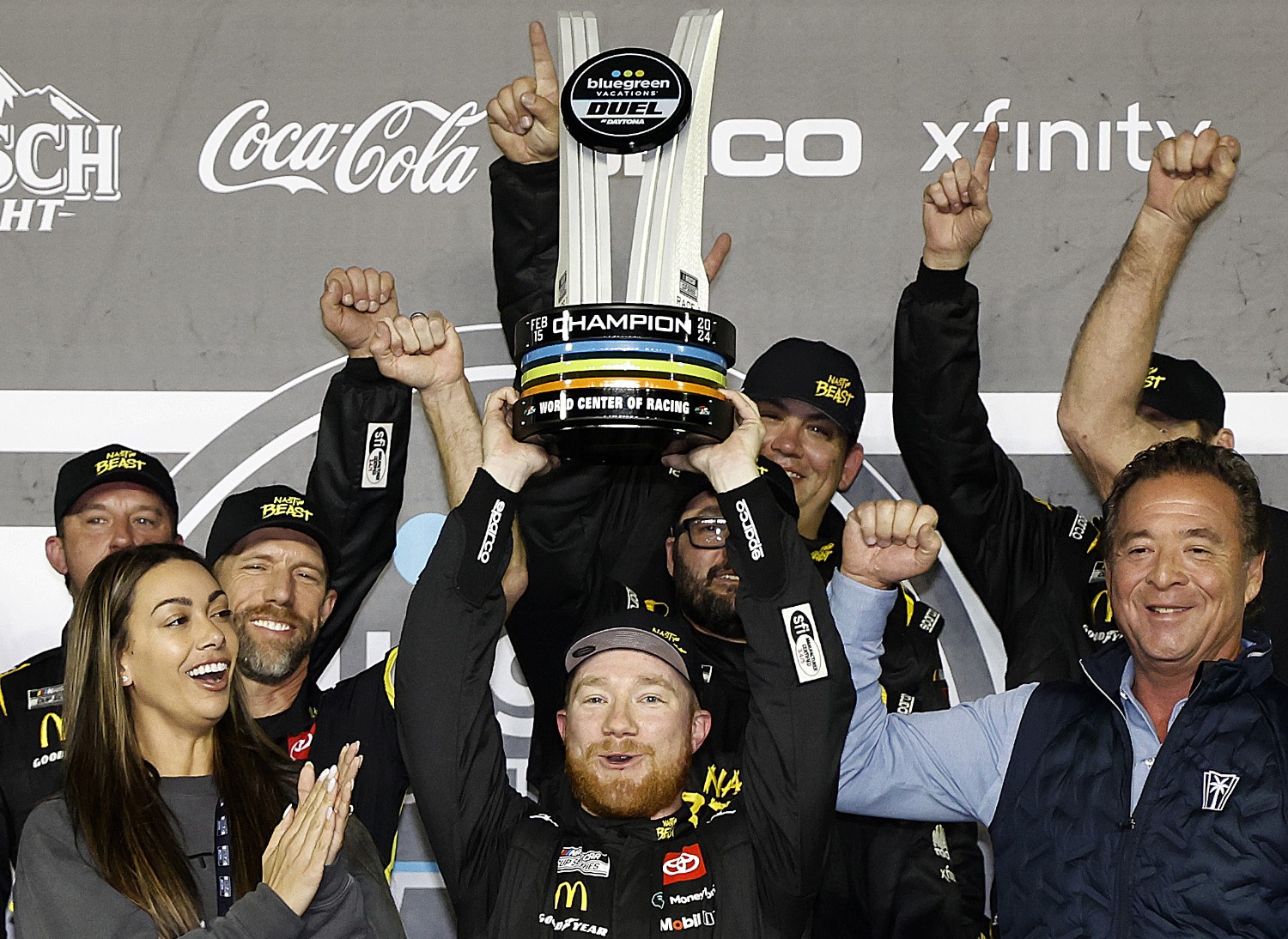 Tyler Reddick, driver of the #45 Nasty Beast Toyota, celebrates in victory lane after winning the NASCAR Cup Series Bluegreen Vacations Duel #1 at Daytona International Speedway on February 15, 2024 in Daytona Beach, Florida. (Photo by Chris Graythen/Getty Images)