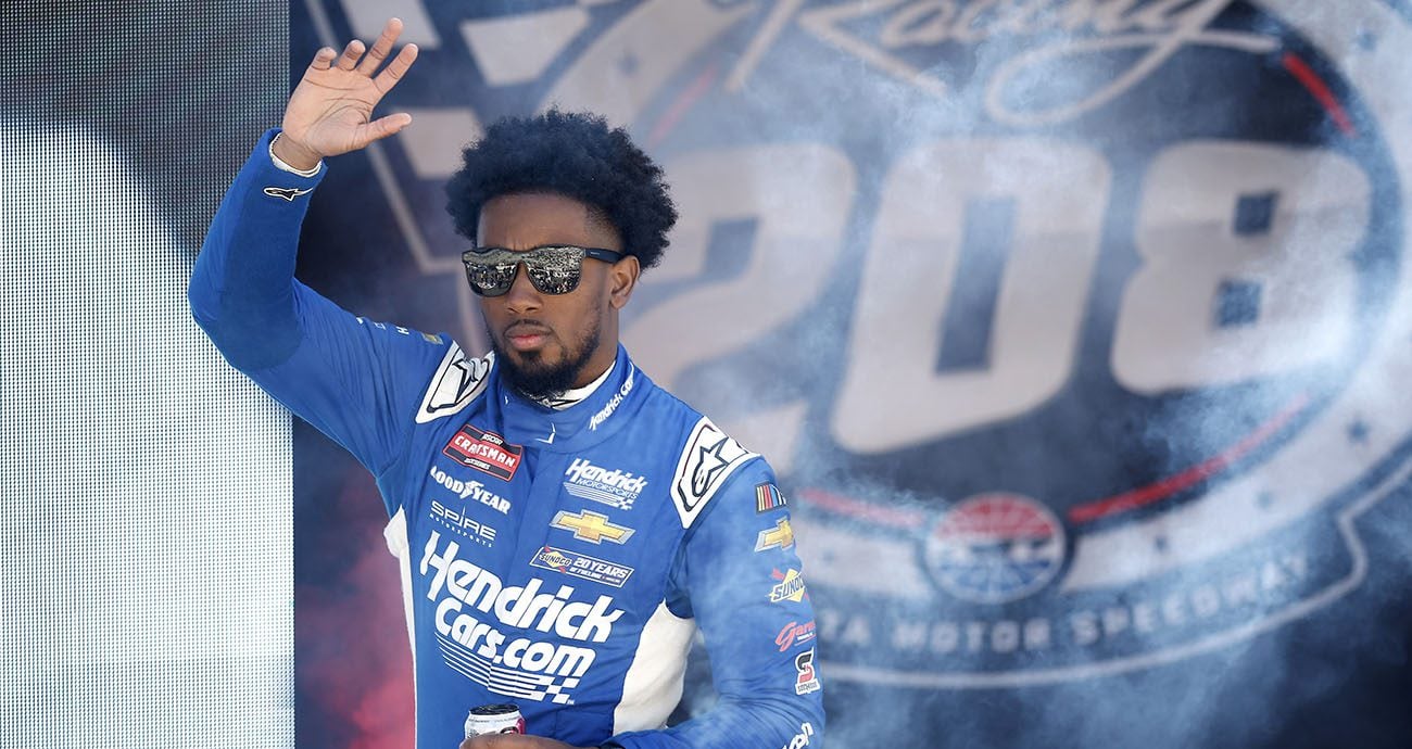 Rajah Caruth, driver of the #71 HendrickCars.com Chevrolet, winner of the NASCAR Craftsman Truck Series Victoria's Voice Foundation 200 at Las Vegas Motor Speedway on March 01, 2024 in Las Vegas, Nevada. (Photo by NASCAR/Getty Images)