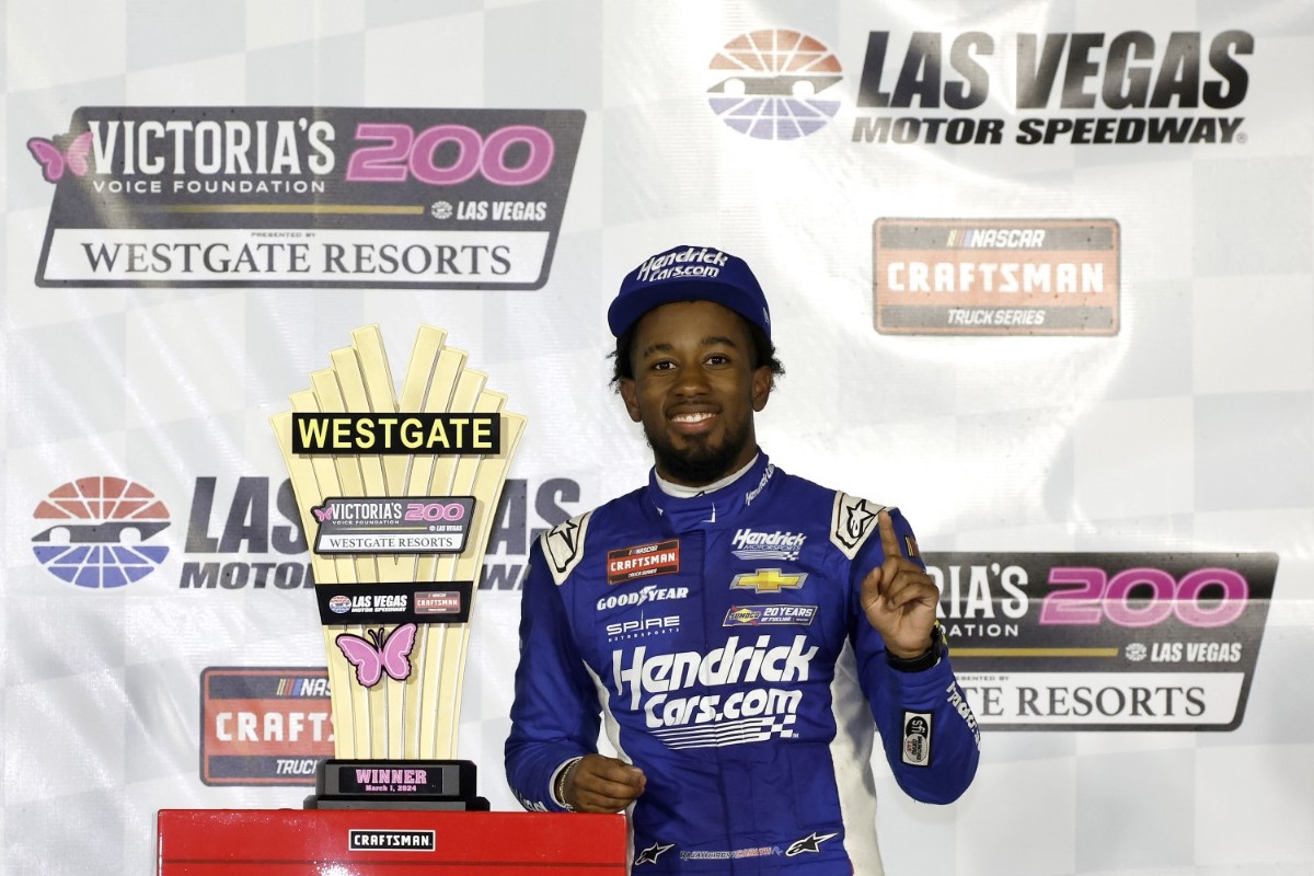 Rajah Caruth, driver of the #71 HendrickCars.com Chevrolet, celebrates after winning the NASCAR Craftsman Truck Series Victoria's Voice Foundation 200 at Las Vegas Motor Speedway on March 01, 2024 in Las Vegas, Nevada. (Photo by Chris Graythen/Getty Images)