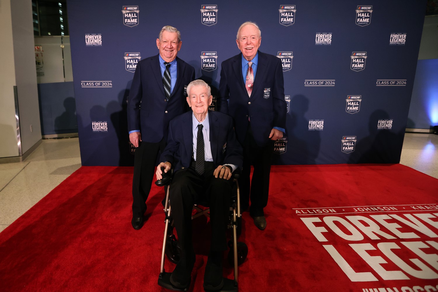 (L-R)NASCAR Hall of Famers and members of the "Alabama Gang" Donnie Allison, Bobby Allison, and Red Farmer pose for photos during the NHOF Class of 2024 Blue Jacket Ceremony at NASCAR Hall of Fame on January 18, 2024 in Charlotte, North Carolina. (Photo by David Jensen/Getty Images)