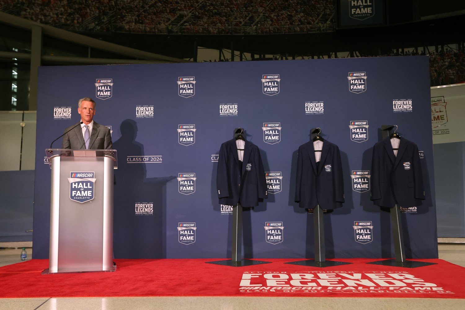 NASCAR President Steve Phelps speaks during the NHOF Class of 2024 Blue Jacket Ceremony at NASCAR Hall of Fame on January 18, 2024 in Charlotte, North Carolina. (Photo by David Jensen/Getty Images)