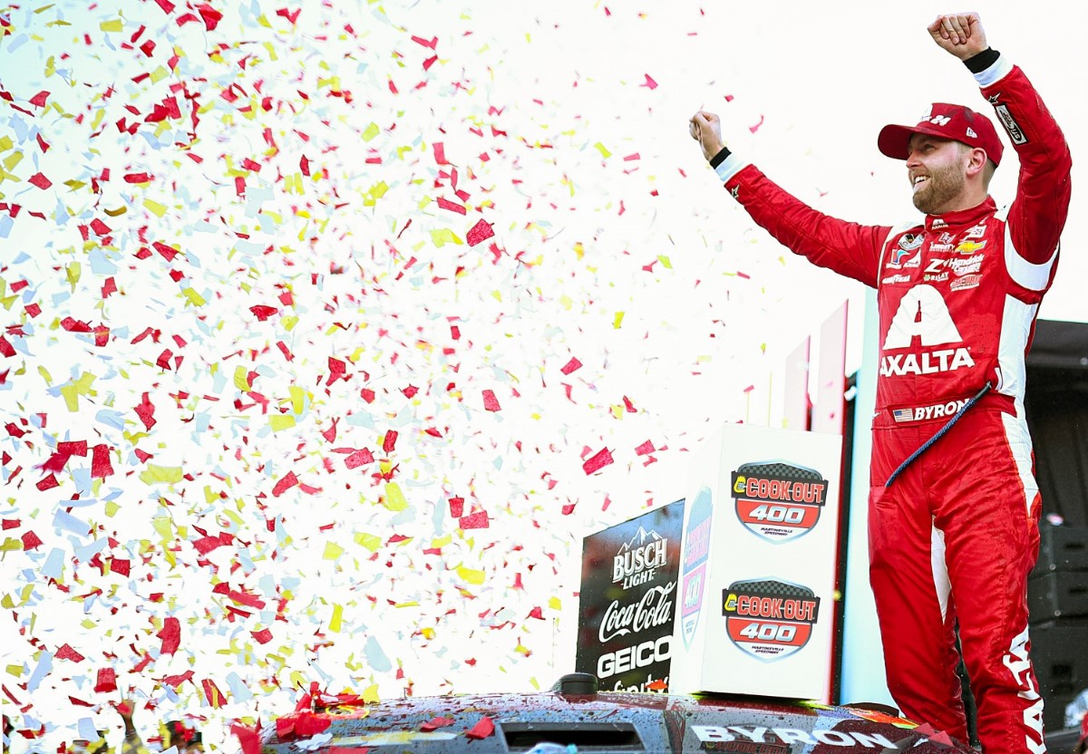 William Byron, driver of the #24 Axalta Ruby Chevrolet, celebrates in victory lane after winning the NASCAR Cup Series Cook Out 400 at Martinsville Speedway on April 07, 2024 in Martinsville, Virginia. (Photo by Jared C. Tilton/Getty Images)