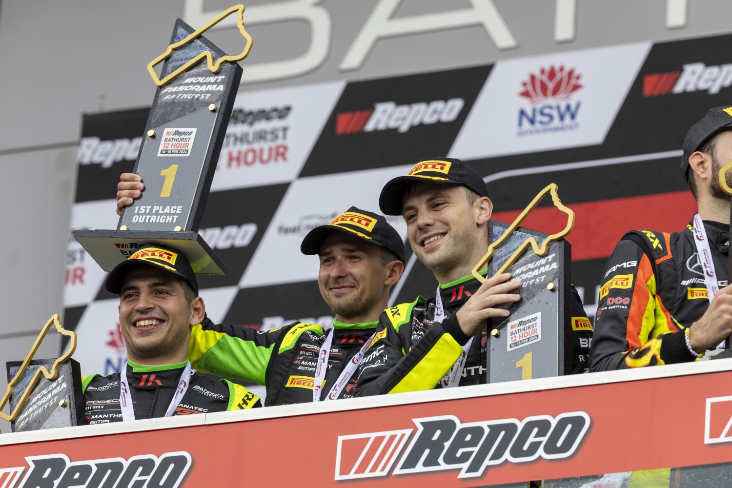 Ayhancan Güven (Turkey), Queenslander Matt Campbell and Laurens Vanthoor (Belgium) win 2024 Repco Bathurst 12HR, Mount Panorama, Bathurst, New South Wales, Australia. 18 Feb, 2024.