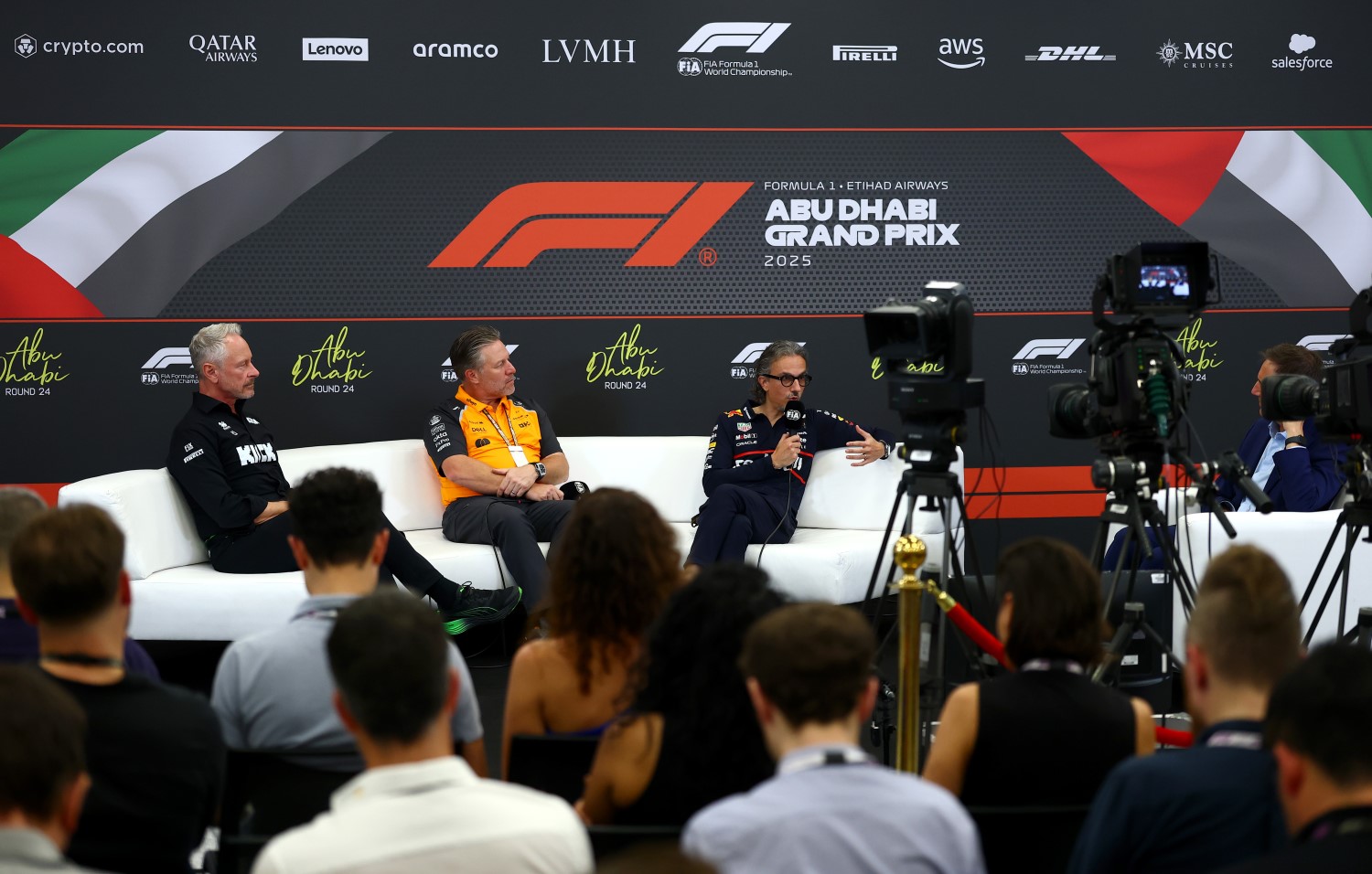Jonathan Wheatley, Team Principal of Stake F1 Team Kick Sauber Zak Brown, Chief Executive Officer of McLaren and Laurent Mekies, Team Principal of Oracle Red Bull Racing in the Team Principals Press Conference during practice ahead of the F1 Grand Prix of Abu Dhabi at Yas Marina Circuit on December 05, 2025 in Abu Dhabi, United Arab Emirates. (Photo by Bryn Lennon/Getty Images for McLaren)