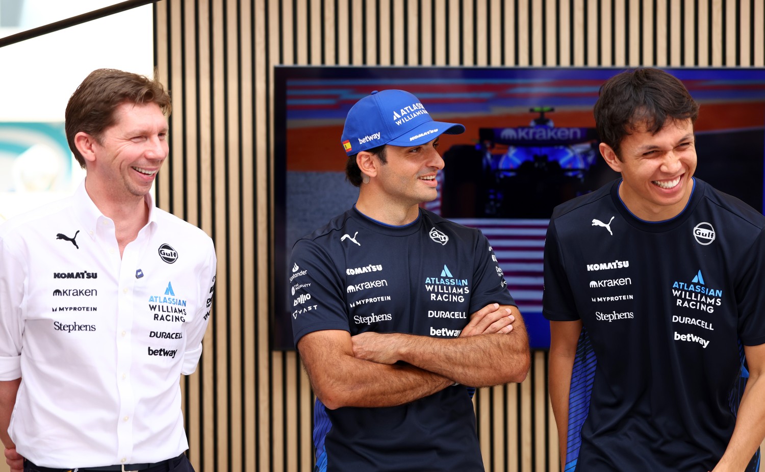 James Vowles, Team Principal of Williams Carlos Sainz of Spain and Williams and Alexander Albon of Thailand and Williams speak to guests prior to practice ahead of the F1 Grand Prix of Abu Dhabi at Yas Marina Circuit on December 05, 2025 in Abu Dhabi, United Arab Emirates. (Photo by Peter Fox/Getty Images for Williams)