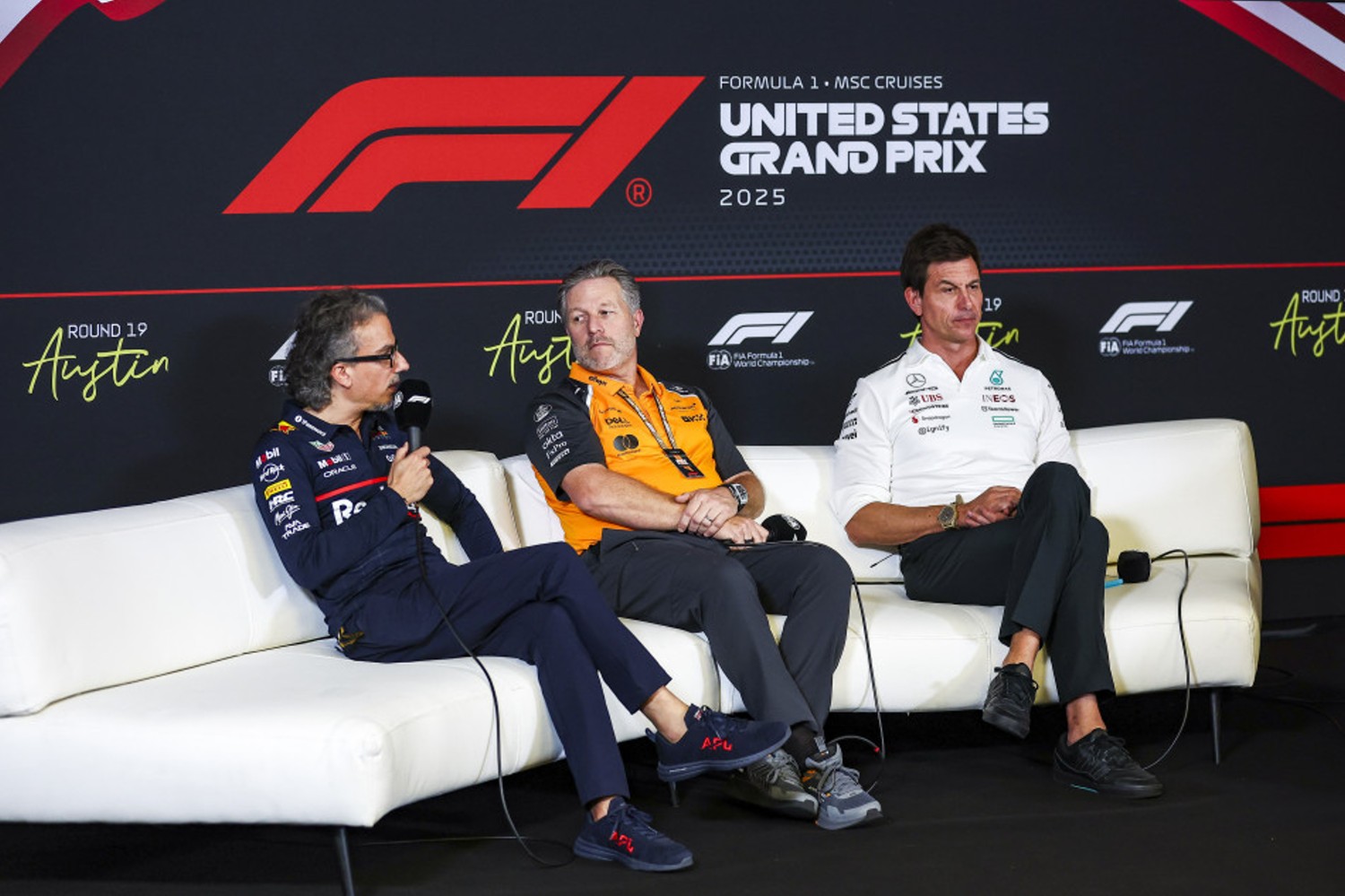 2025 USGP TEAM REPRESENTATIVES Laurent MEKIES (Red Bull), Zak BROWN (McLaren), Toto WOLFF (Mercedes)