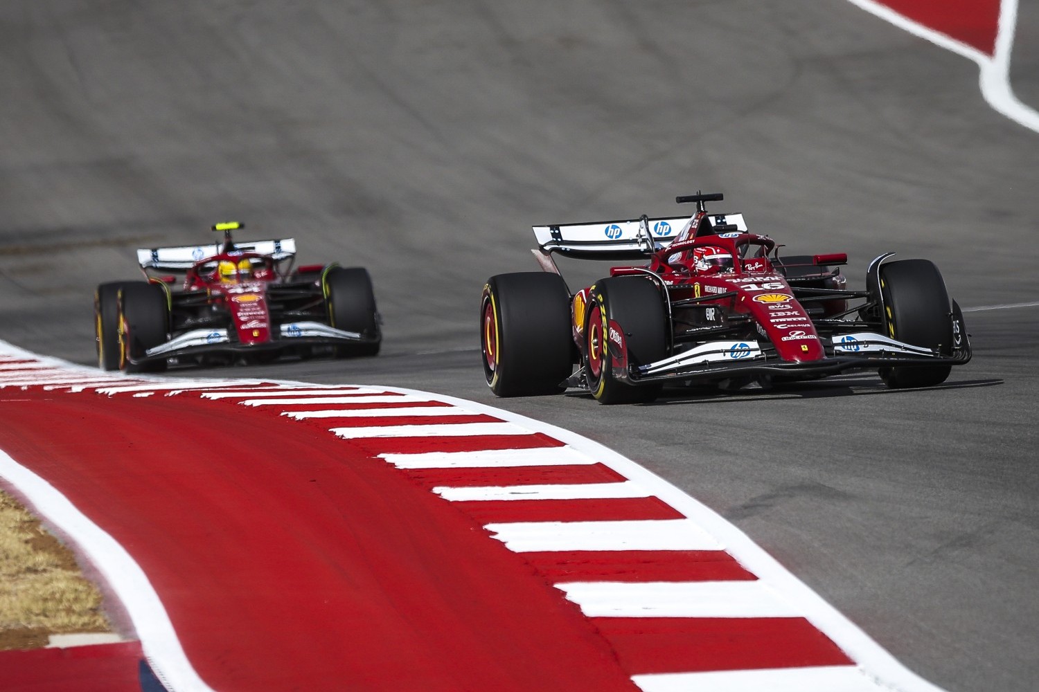 16 LECLERC Charles (mco), Scuderia Ferrari SF-25, 44 HAMILTON Lewis (gbr), Scuderia Ferrari SF-25, action during the 2025 Formula 1 United States Grand Prix, 19th round of the 2025 FIA Formula One World Championship from October 17 to 19, 2025 on the Circuit of the Americas, in Austin, Texas, United States of America - Photo DPPI / DPPI for Ferrari
