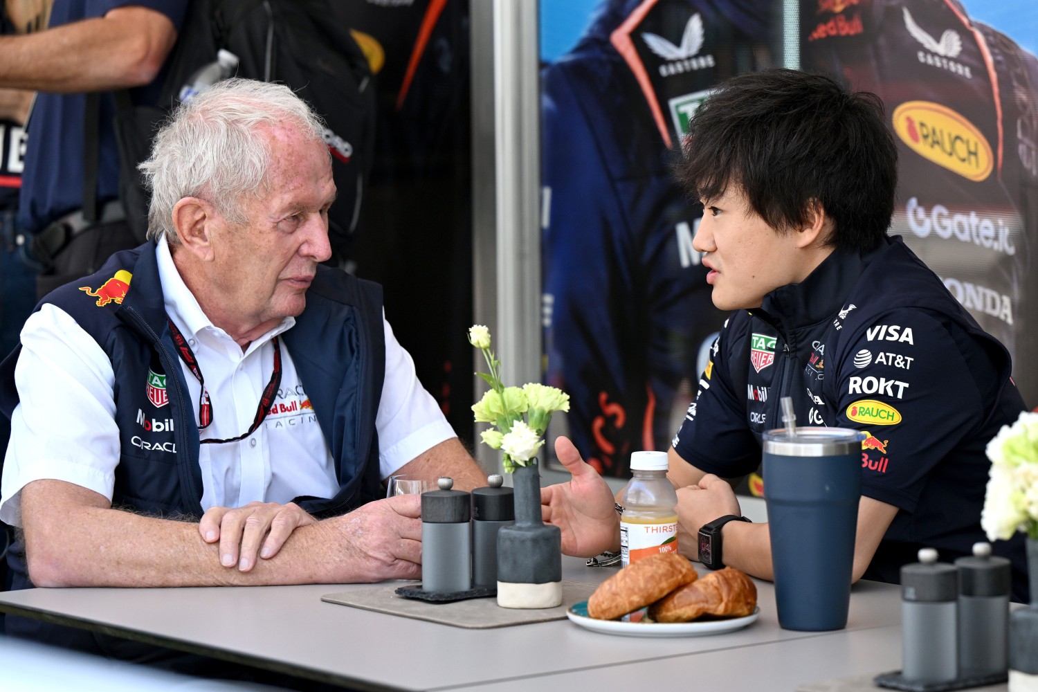 Yuki Tsunoda of Japan and Oracle Red Bull Racing talks with Dr Helmut Marko, Team Consultant of Oracle Red Bull Racing in the Paddock prior to the F1 Grand Prix of United States at Circuit of The Americas on October 19, 2025 in Austin, Texas. (Photo by Sam Bagnall/Sutton Images) // Getty Images / Red Bull Content Pool //