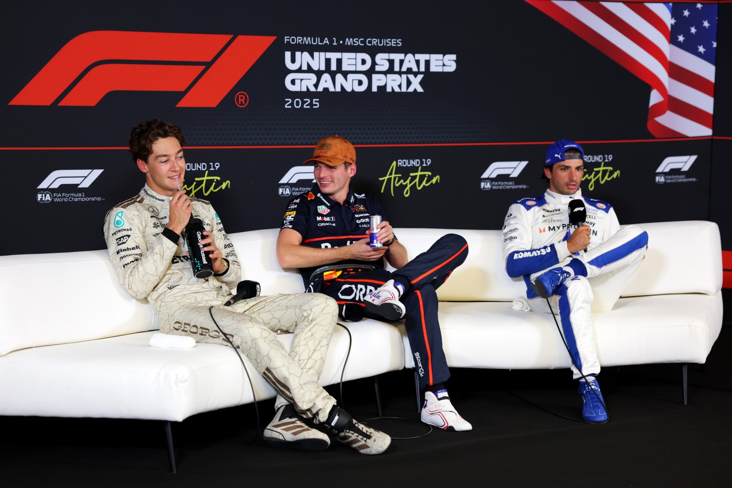 Sprint winner Max Verstappen of the Netherlands and Oracle Red Bull Racing Second placed George Russell of Great Britain and Mercedes AMG Petronas F1 Team and Third placed Carlos Sainz of Spain and Williams in the Drivers Press Conference during the Sprint ahead of the F1 Grand Prix of United States at Circuit of The Americas on October 18, 2025 in Austin, Texas. (Photo by Clive Rose/Getty Images) // Getty Images / Red Bull Content Pool //