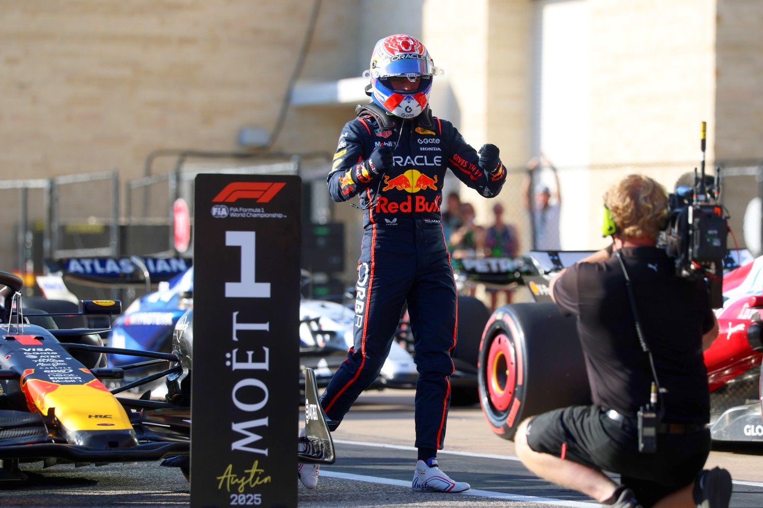 Pole position qualifier Max Verstappen of the Netherlands and Oracle Red Bull Racing celebrates on arrival in parc ferme during Qualifying ahead of the F1 Grand Prix of United States at Circuit of The Americas on October 18, 2025 in Austin, Texas. (Photo by Steven Tee/LAT Images) // Getty Images / Red Bull Content Pool //