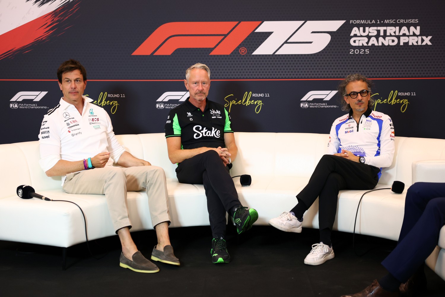 Toto Wolff, Executive Director of Mercedes AMG Petronas F1 Team, Jonathan Wheatley, Team Principal of Stake F1 Team Kick Sauber, and Laurent Mekies, Team Principal of Visa Cash App Racing Bulls in the Team Principals Press Conference during practice ahead of the F1 GP of Austria at Red Bull Ring on June 27, 2025 in Spielberg, Austria. (Photo by Clive Rose/Getty Images) // Getty Images / Red Bull Content Pool //