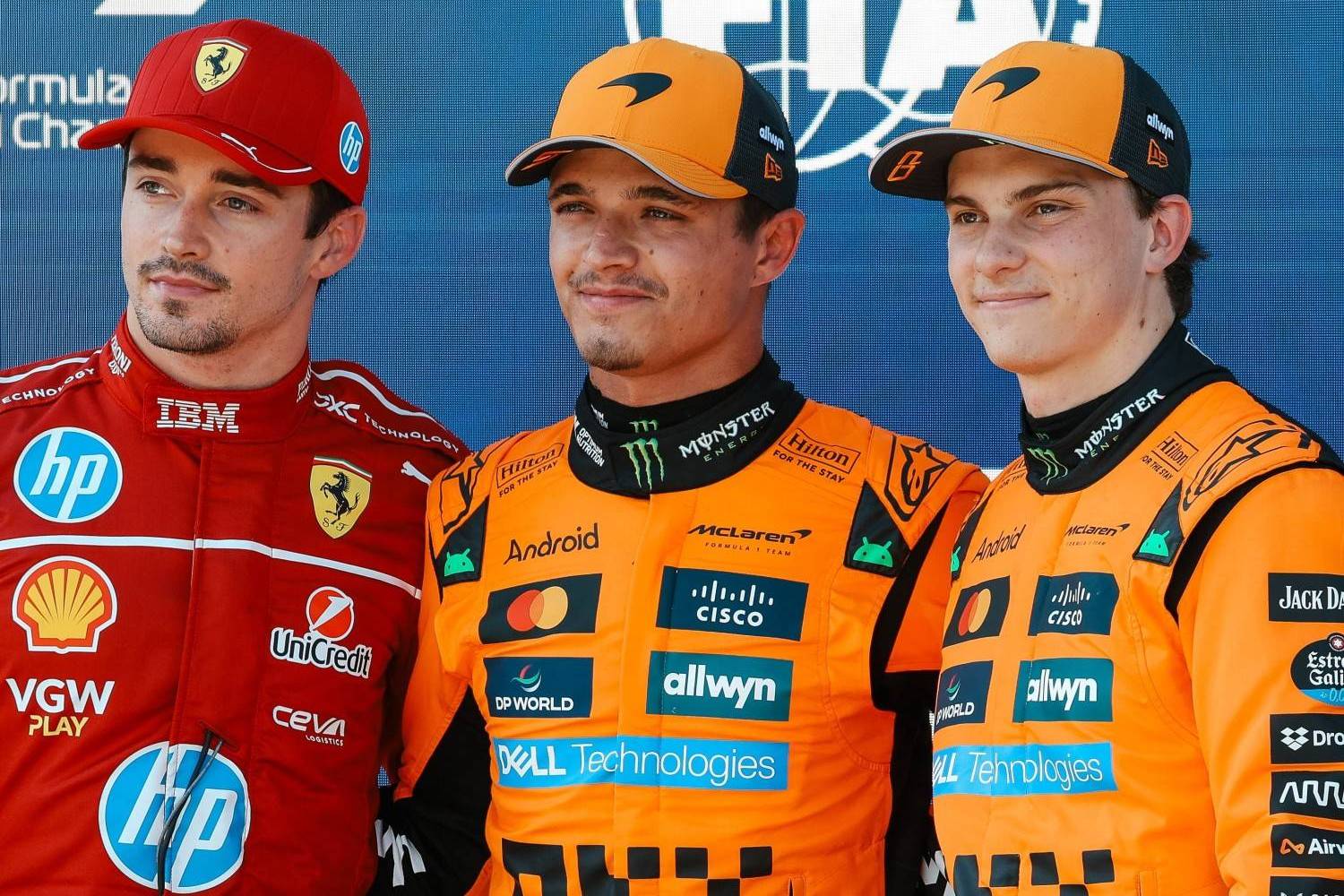 Top3 Qualifiers in the 2025 Austrian GP: L to R: Charles Leclerc (2nd), Lando Norris (1st) and Oscar Piastri (3rd)